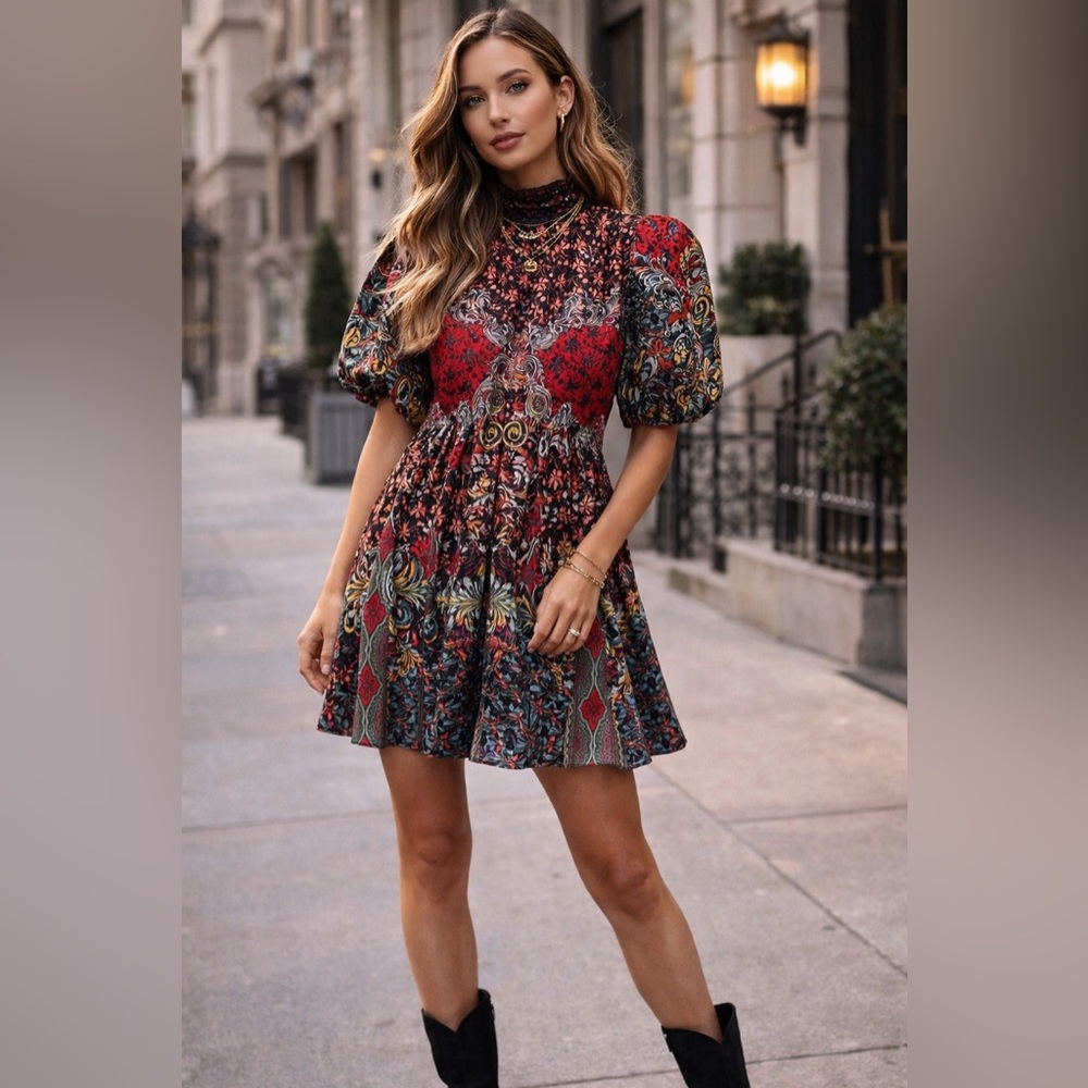 Alice + Olivia Print Puff Sleeve Mini Dress High Neck Boho
